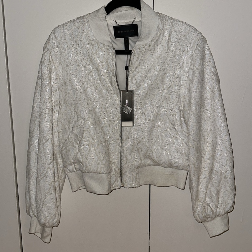 NWT BCBG White Sequin Bomber Jacket